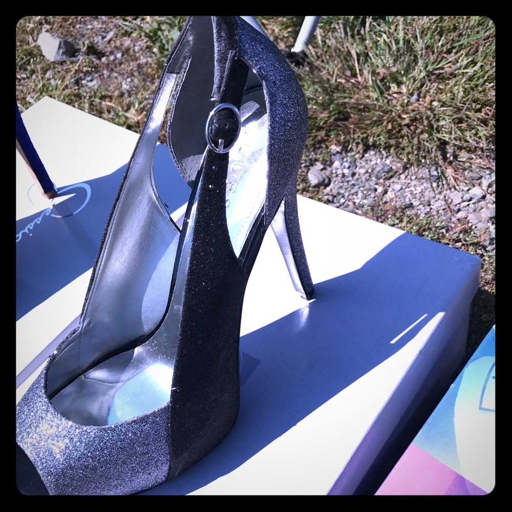 Silver and black sparkle sling back heels
